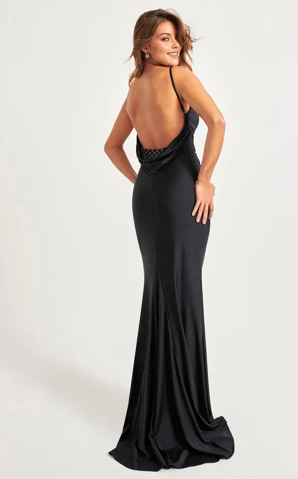 Simple Black Mermaid Cowl Neck Spaghetti Straps Open-Back Floor-Length Ruched Bodice Satin Prom Dresses