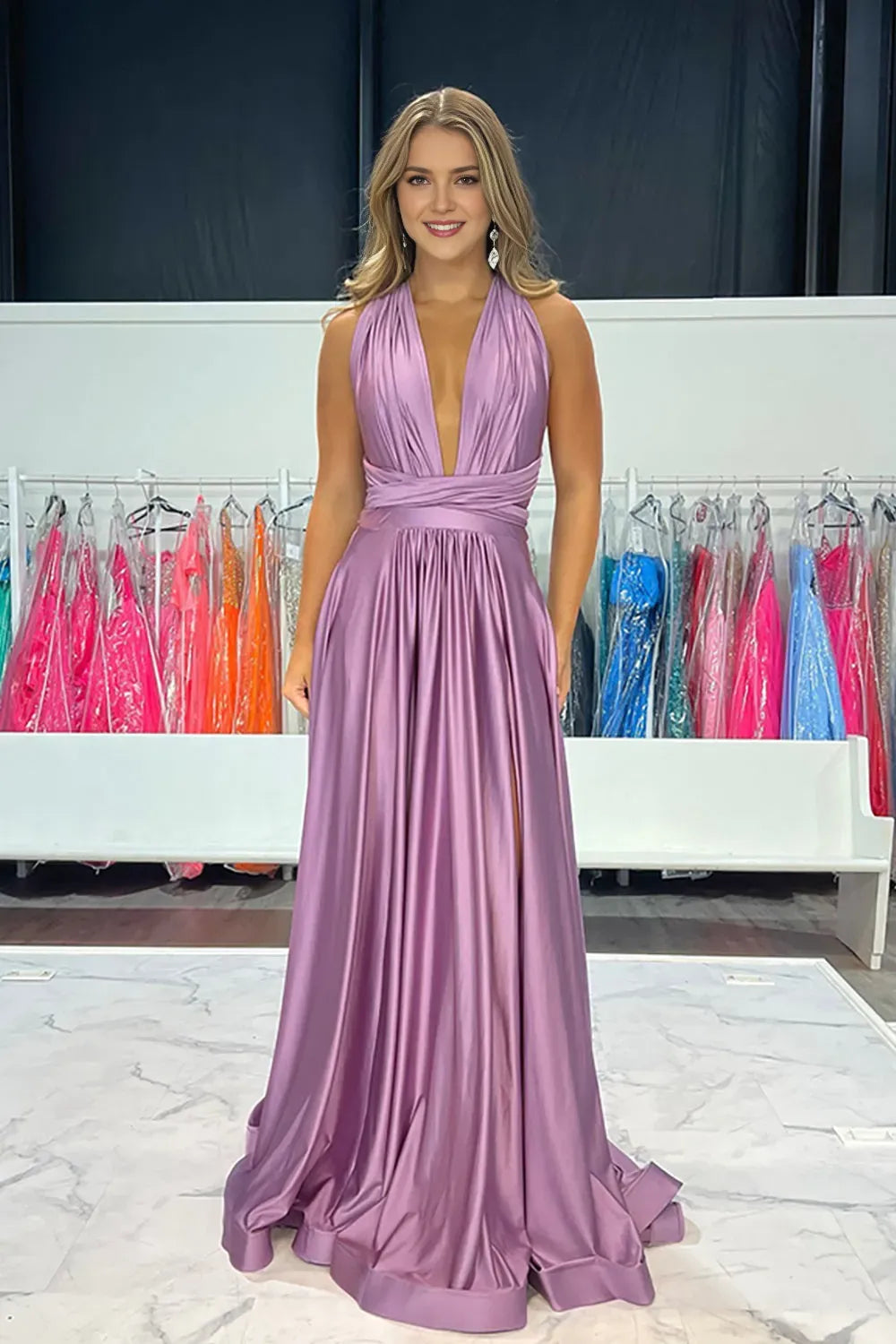 Simple Purple A-Line Satin V-Neck Sleeveless Open Back Crisscross Back Floor -Length Prom Dress Hot Sale