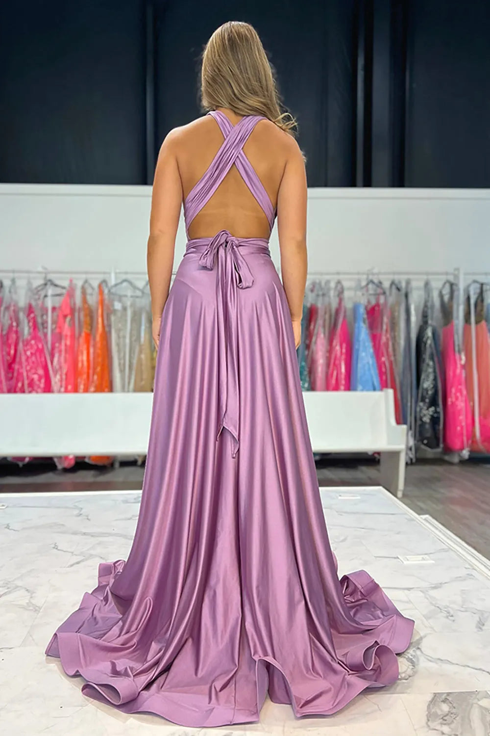 Simple Purple A-Line Satin V-Neck Sleeveless Open Back Crisscross Back Floor -Length Prom Dress Hot Sale