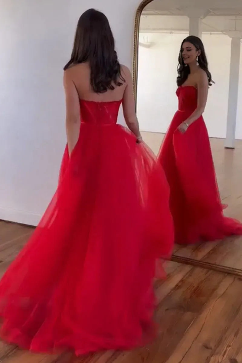 Simple Red A-Line Sweetheart Neck Sleeveless Lace Back Zip Floor-Length Tulle Ruffes Prom Party Dress