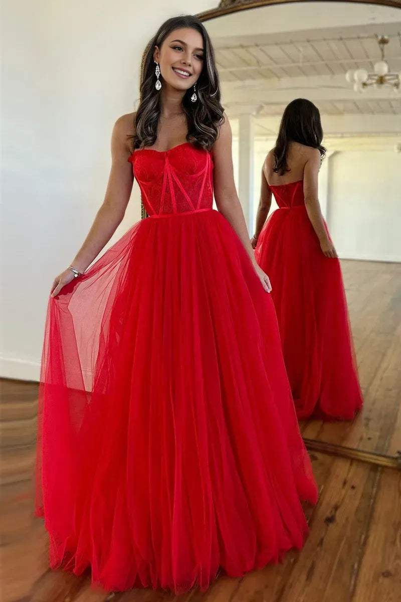 Simple Red A-Line Sweetheart Neck Sleeveless Lace Back Zip Floor-Length Tulle Ruffes Prom Party Dress