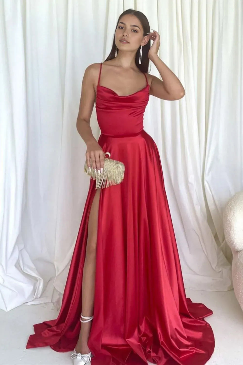 Simple Red A Line Spaghetti-Straps Sleeveless Crisscross Back High-Slit Floor-Length Prom Dress