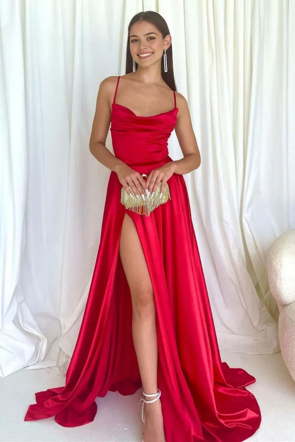 Simple Red A Line Spaghetti-Straps Sleeveless Crisscross Back High-Slit Floor-Length Prom Dress