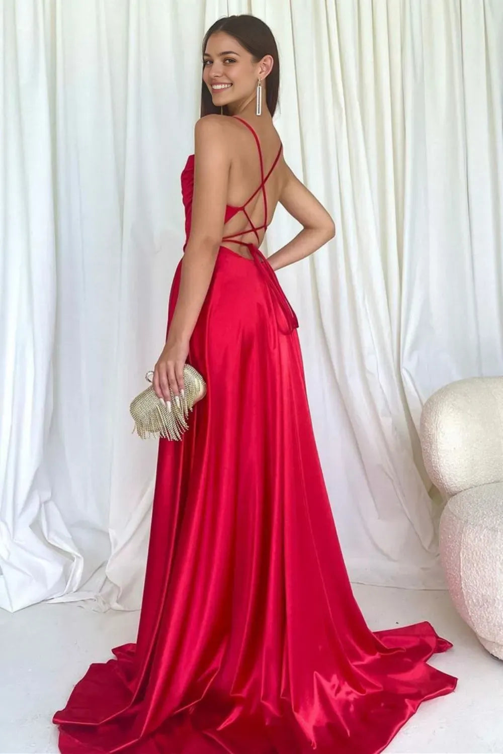 Simple Red A Line Spaghetti-Straps Sleeveless Crisscross Back High-Slit Floor-Length Prom Dress