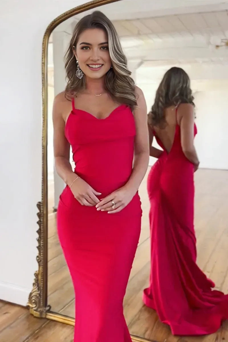 Simple Red Mermaid Sweetheart Neck Spaghetti Straps V back Back Zip Floor-Length Prom Dress