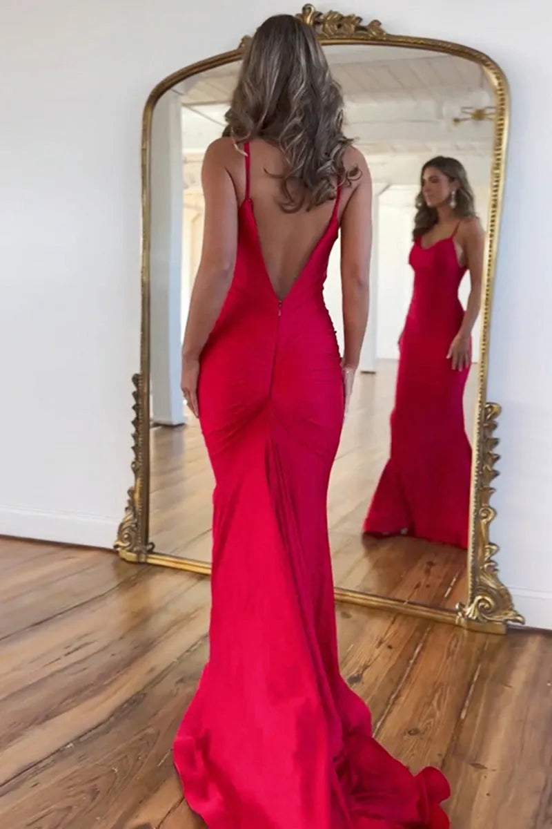 Simple Red Mermaid Sweetheart Neck Spaghetti Straps V back Back Zip Floor-Length Prom Dress
