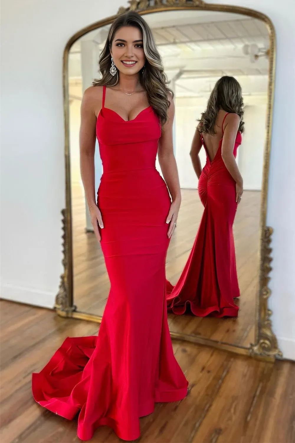 Simple Red Mermaid Sweetheart Neck Spaghetti Straps V back Back Zip Floor-Length Prom Dress