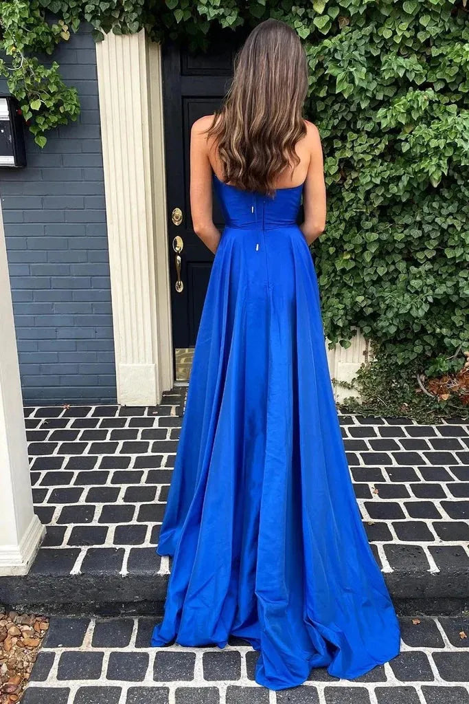 Simple Royal Blue A Line Deep -V Neck Sleeveless Back Zip High-Slit Floor-Length Prom Dress with Split  ﻿