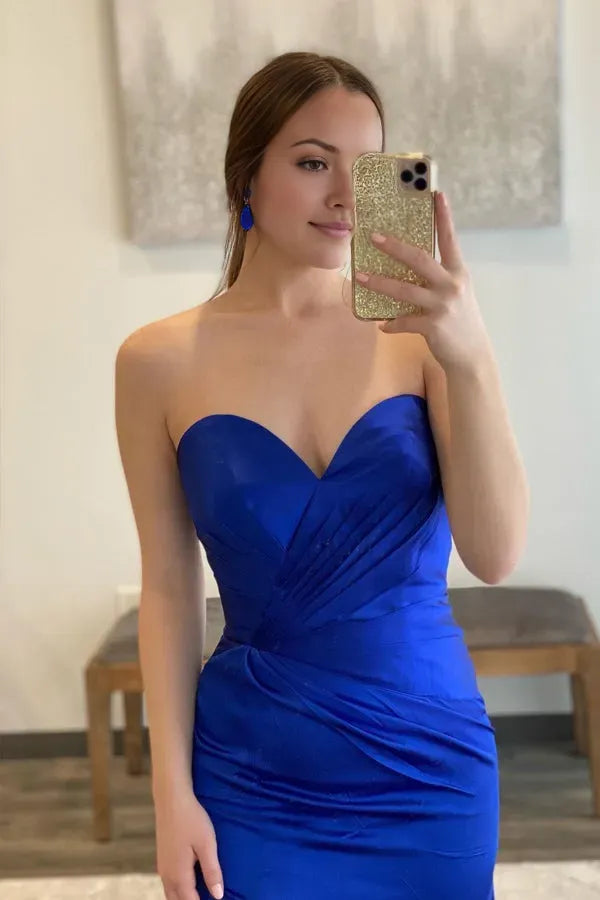 Simple Royal Blue Mermaid  Strapless Sleeveless Back Zip Ruched Bodice Satin Slit Floor-Length Prom Dresses