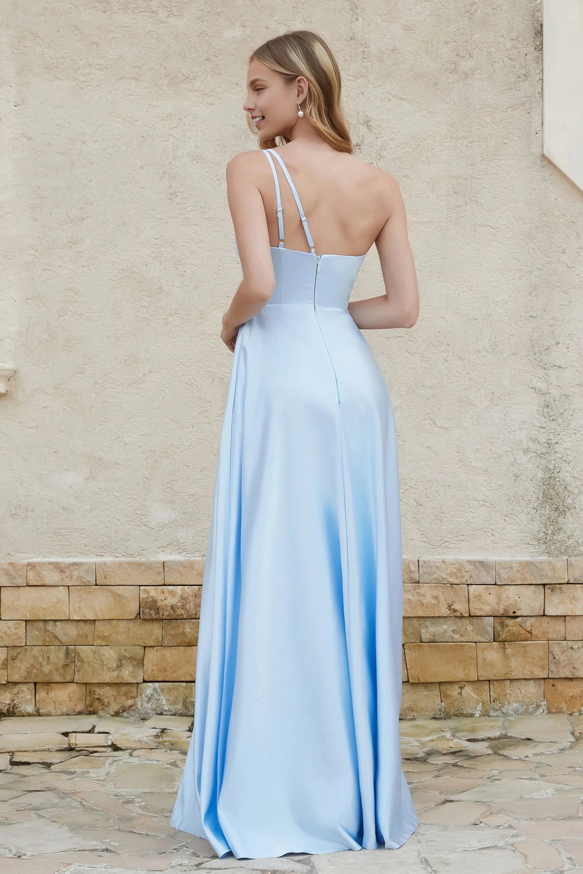 Simple Sky-Blue A-Line One the Shoulder Sleeveless Ruched Backless Back Zip Satin Floor-Length  Prom Dresses With Slit