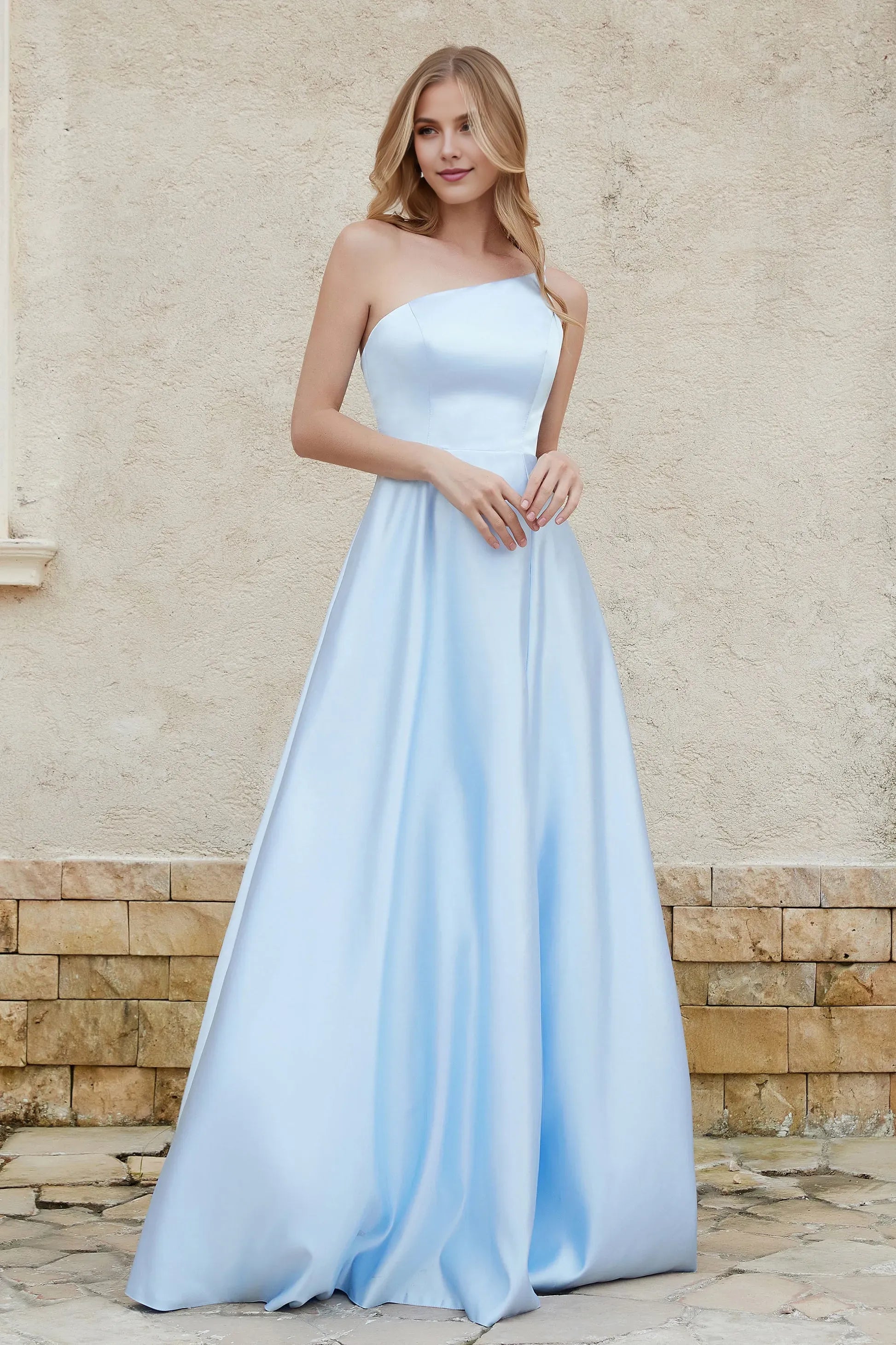 Simple Sky-Blue A-Line One the Shoulder Sleeveless Ruched Backless Back Zip Satin Floor-Length  Prom Dresses With Slit