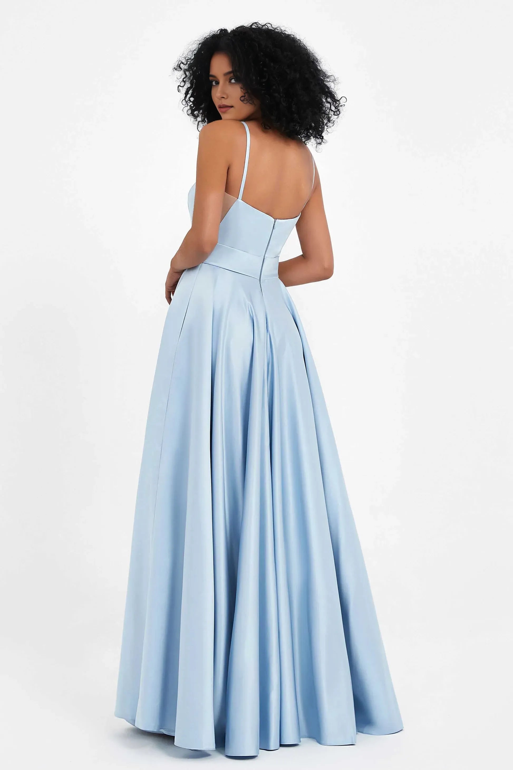 Simple Sky-Blue A-Line Square-Neck Spaghetti Straps Back Zip Backless Satin Ruched Floor-Length Prom Dresses