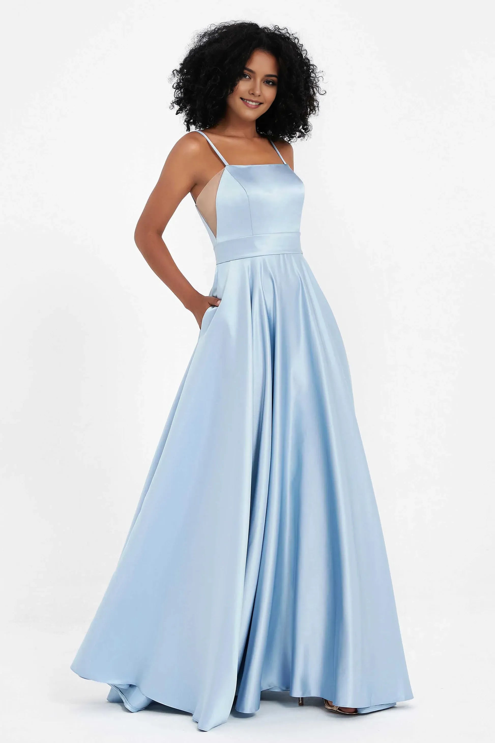 Simple Sky-Blue A-Line Square-Neck Spaghetti Straps Back Zip Backless Satin Ruched Floor-Length Prom Dresses