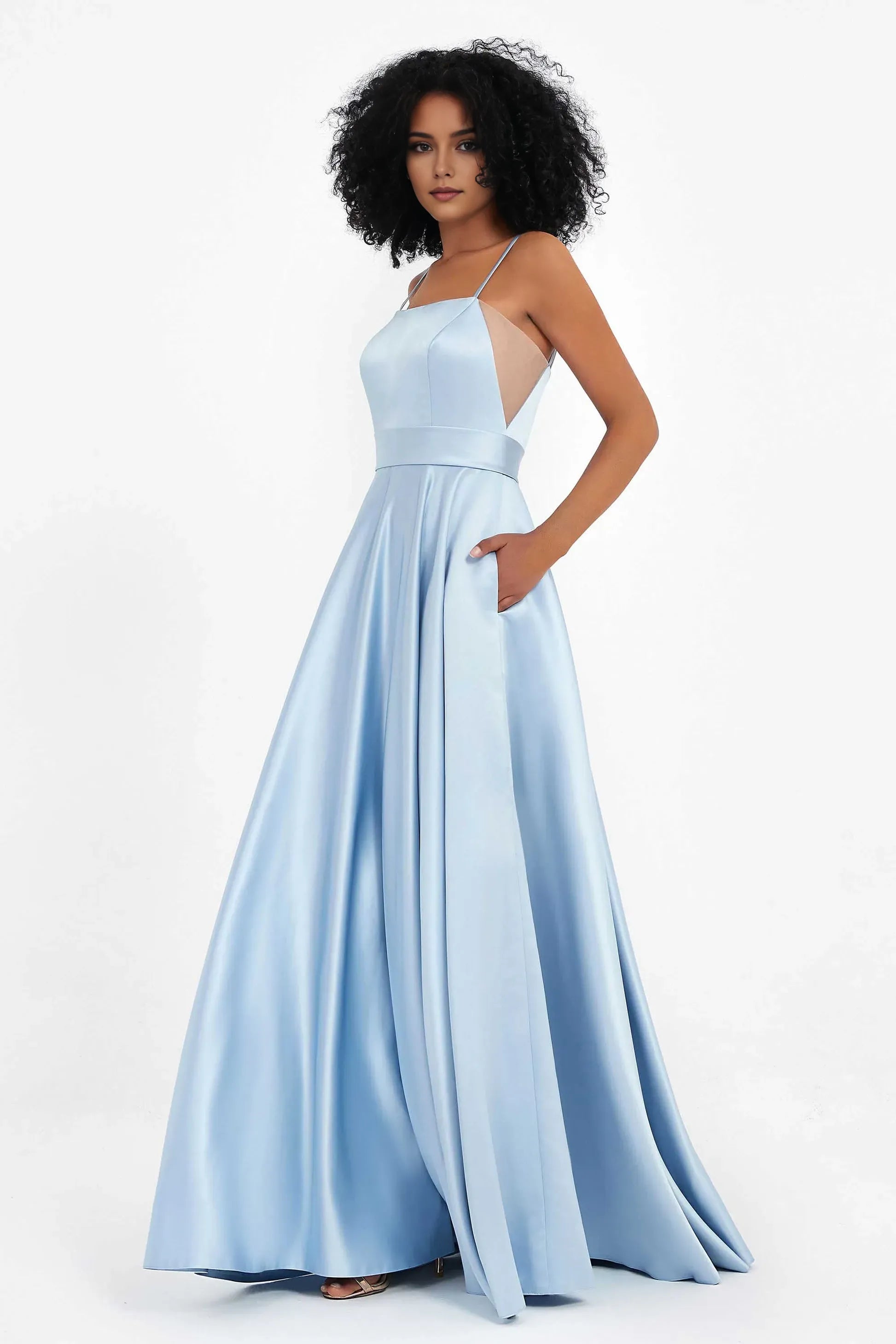 Simple Sky-Blue A-Line Square-Neck Spaghetti Straps Back Zip Backless Satin Ruched Floor-Length Prom Dresses