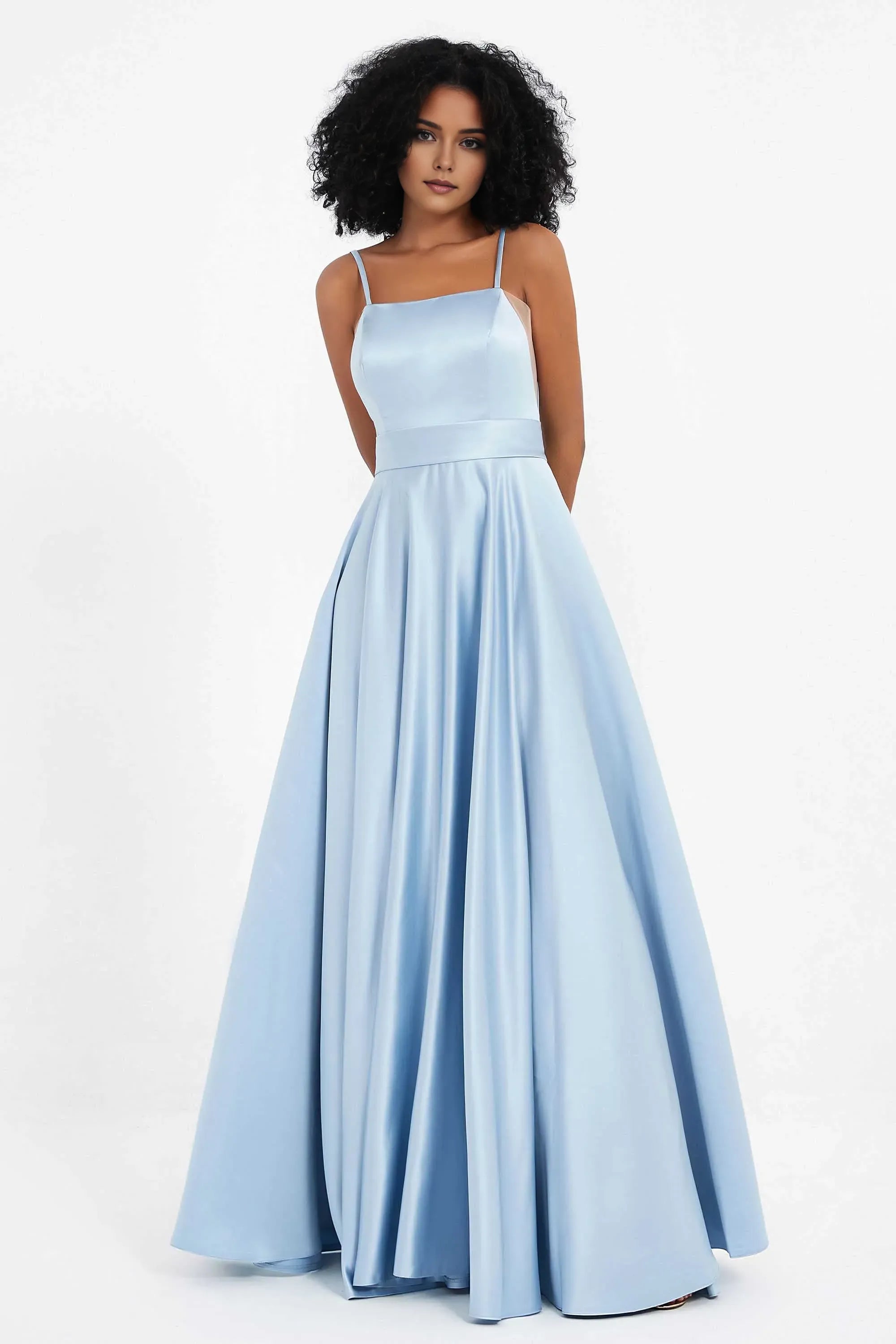 Simple Sky-Blue A-Line Square-Neck Spaghetti Straps Back Zip Backless Satin Ruched Floor-Length Prom Dresses