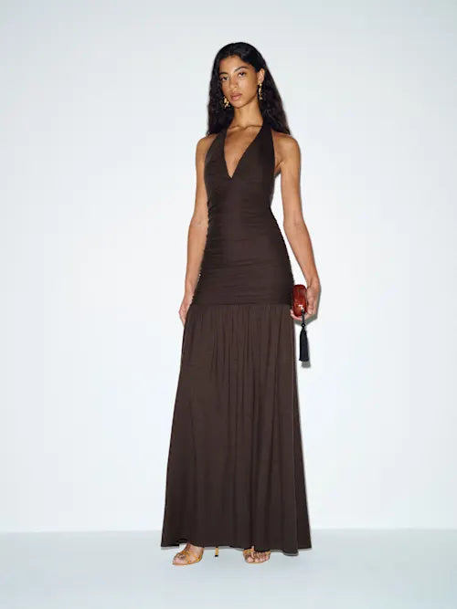 Sjzca Chocolate Brown Halter Neck Ruched Maxi Prom Dress