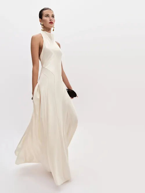 Sjzca Ivory Satin Halter Neck Open Back Maxi Prom Dress