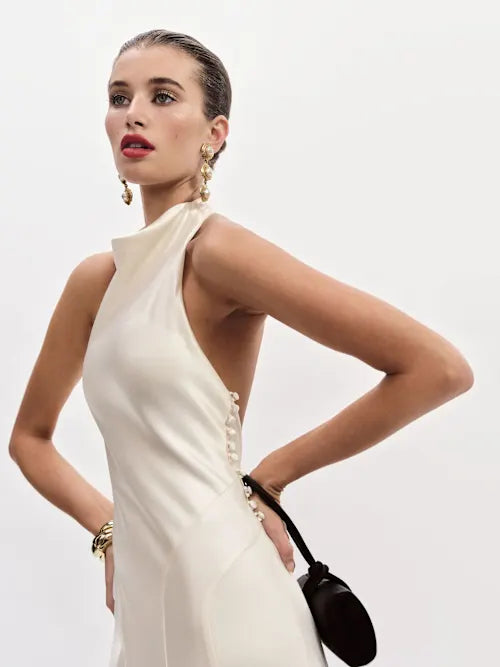 Sjzca Ivory Satin Halter Neck Open Back Maxi Prom Dress