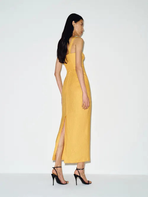 Sjzca Marigold Yellow Corset Bodice Midi Prom Dress