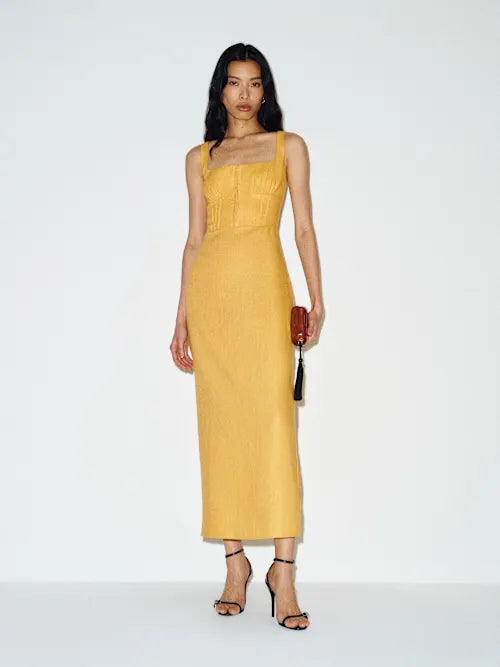 Sjzca Marigold Yellow Corset Bodice Midi Prom Dress