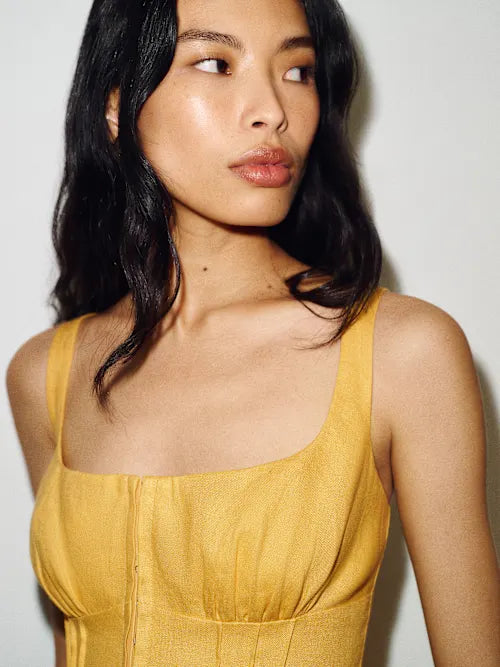 Sjzca Marigold Yellow Corset Bodice Midi Prom Dress