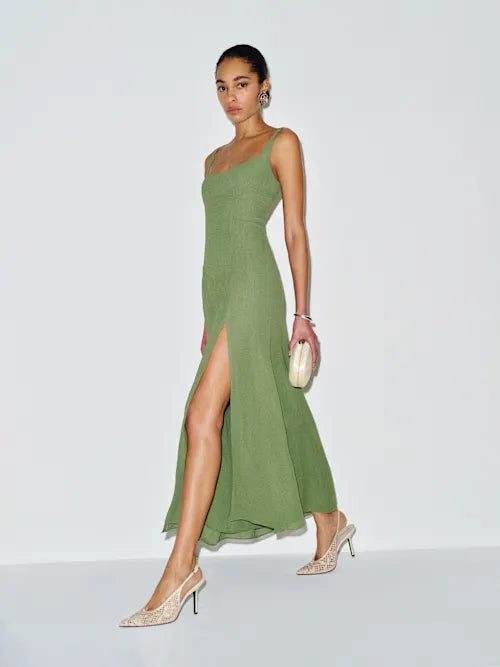 Sjzca Sage Green Corset Bodice Maxi Prom Dress with High Slit