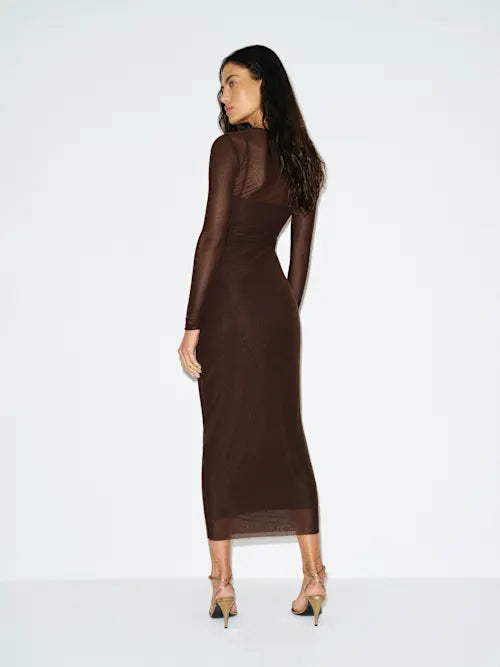 Sjzca Sheer Brown Long Sleevewith Gold Chain Accent Midi Prom Dress