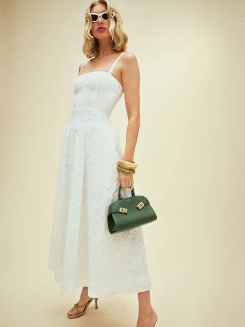 Sjzca White Eyelet Embroidery Midi Prom Dress