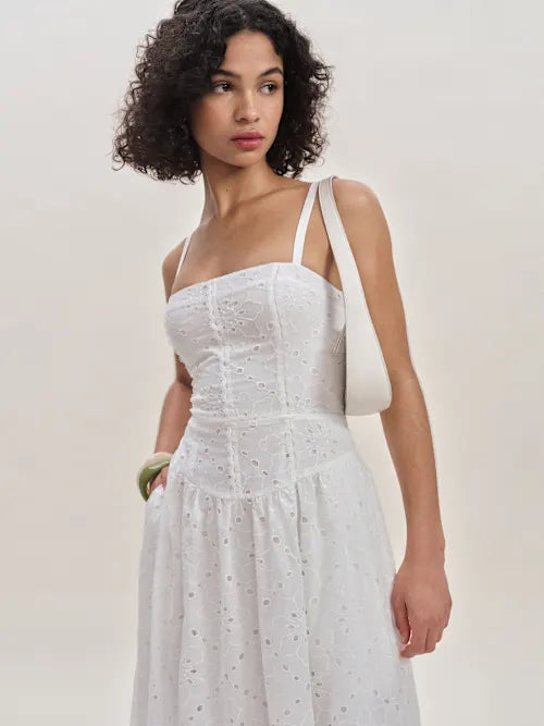 Sjzca White Eyelet Embroidery Midi Prom Dress