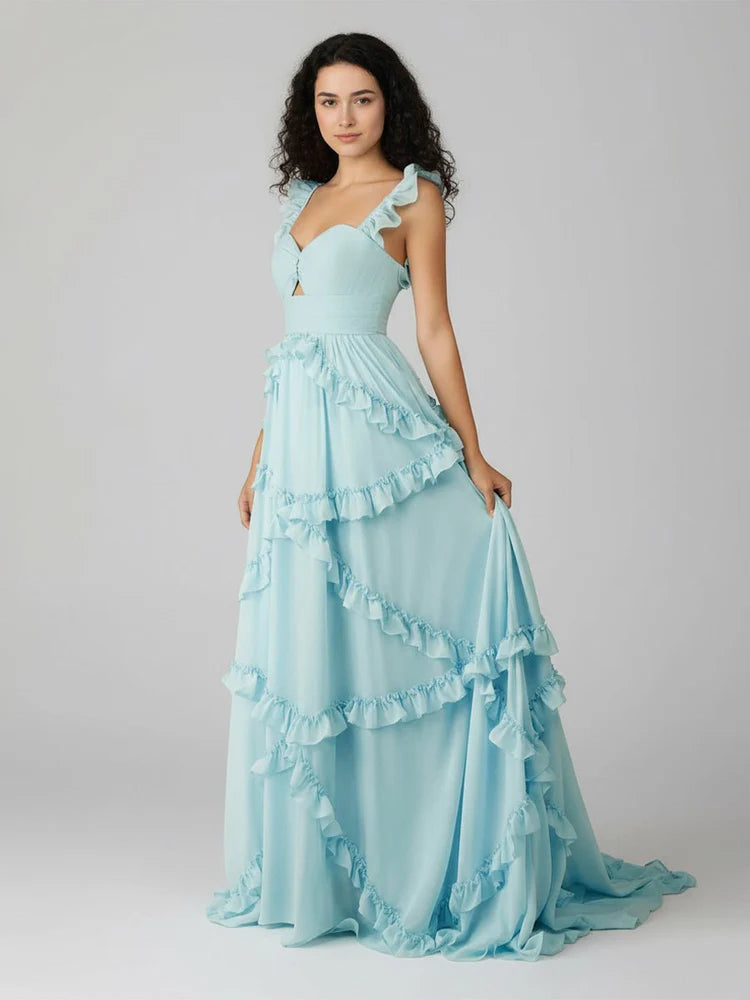 Sky Blue Chiffon Ruffled Tiered Maxi with Keyhole Cutout & Open Back Prom Dress