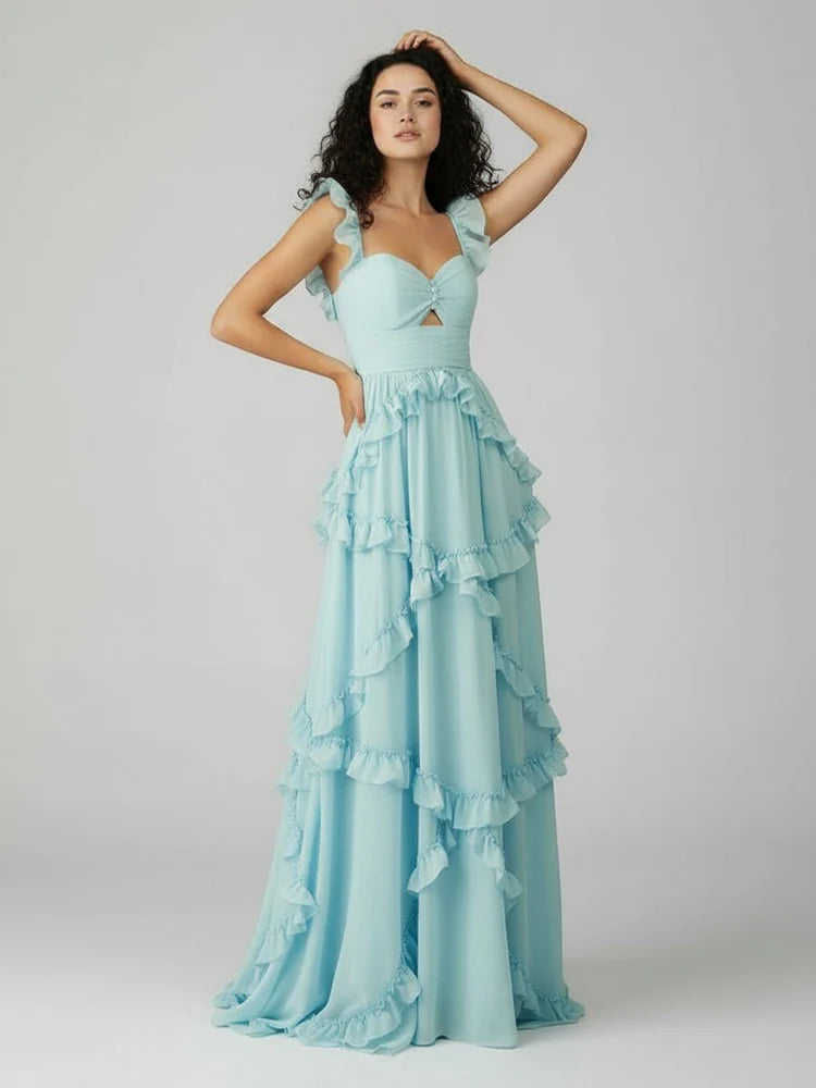 Sky Blue Chiffon Ruffled Tiered Maxi with Keyhole Cutout & Open Back Prom Dress