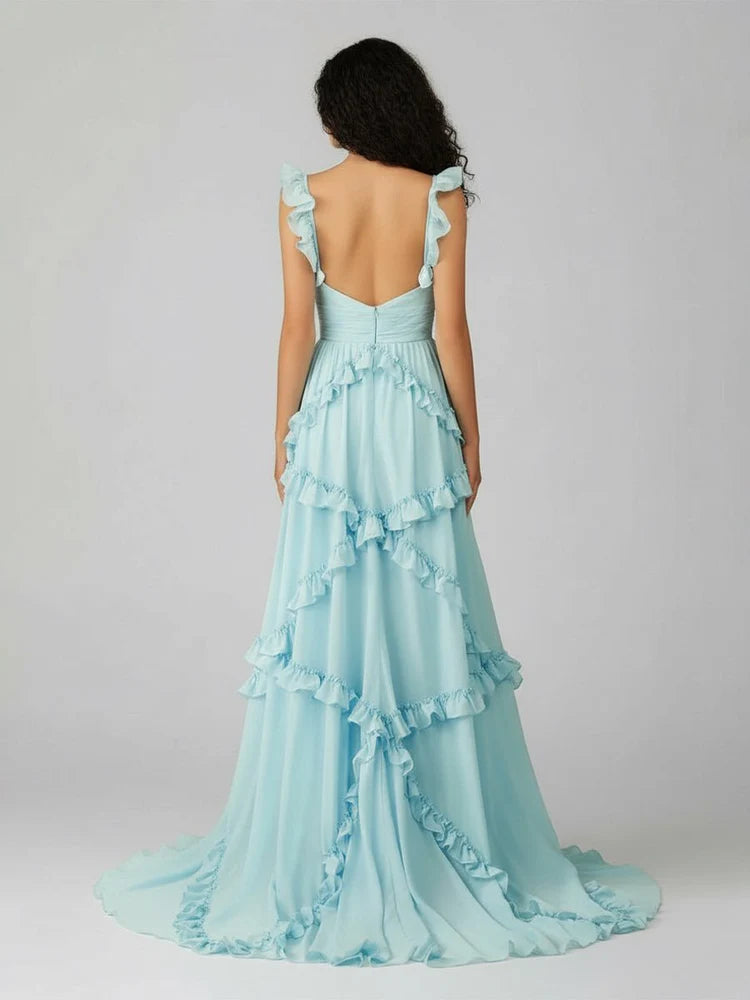 Sky Blue Chiffon Ruffled Tiered Maxi with Keyhole Cutout & Open Back Prom Dress