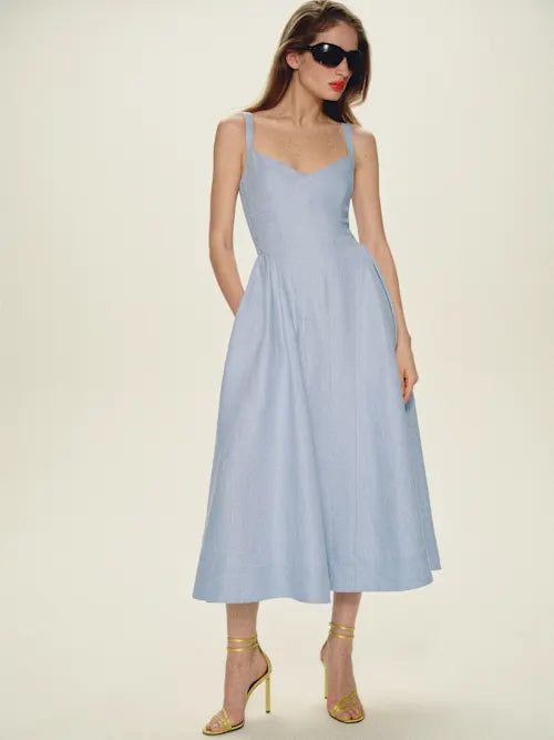 Sky Blue Linen-Blend Sweetheart Neckline Fit-and-Flare with Pockets Midi Prom Dress