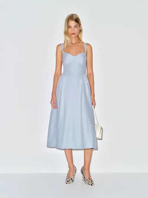 Sky Blue Linen-Blend Sweetheart Neckline Fit-and-Flare with Pockets Midi Prom Dress