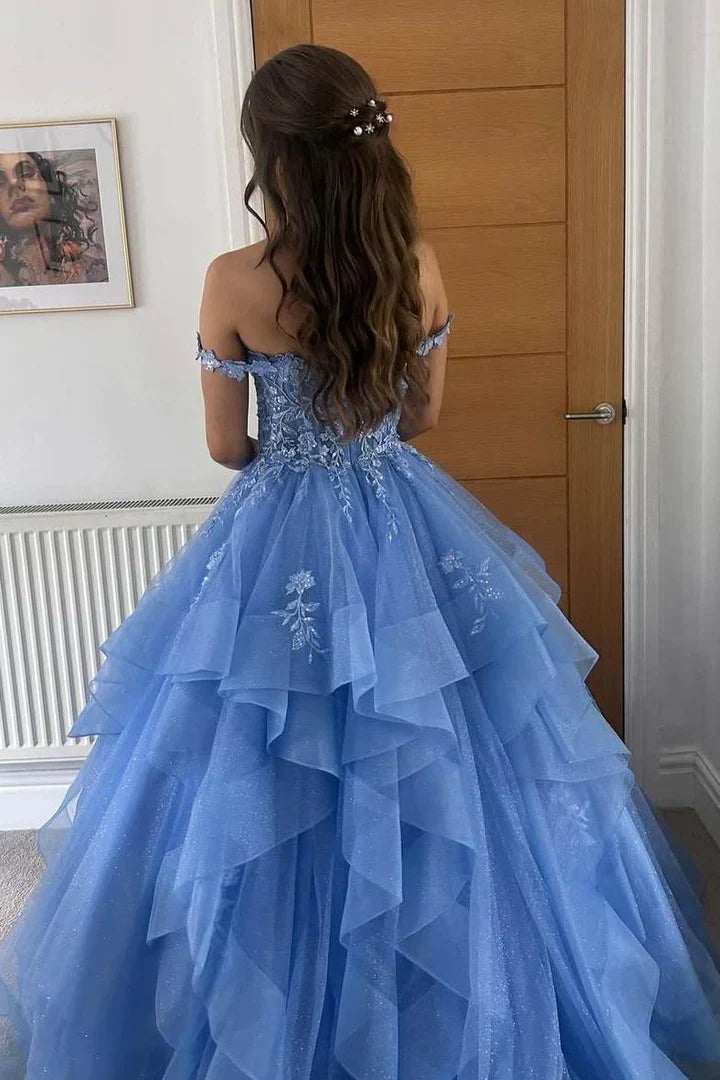Sky Blue Off-Shoulder Lace Applique Tiered Tulle Ball Gown Prom Dress