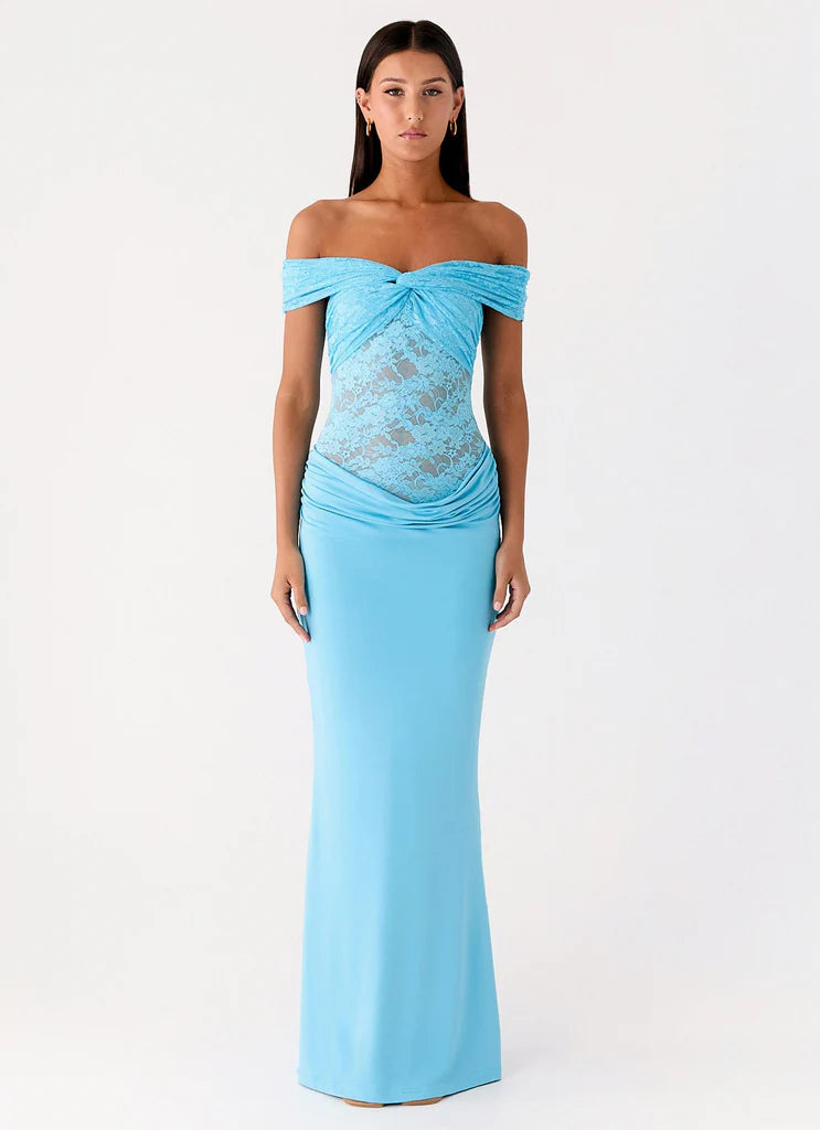 Sky Blue Off The Shoulder Lace Mermaid Maxi Prom Dress For Elegant Formal Evening Events