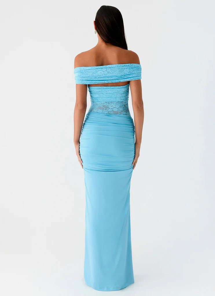 Sky Blue Off The Shoulder Lace Mermaid Maxi Prom Dress For Elegant Formal Evening Events