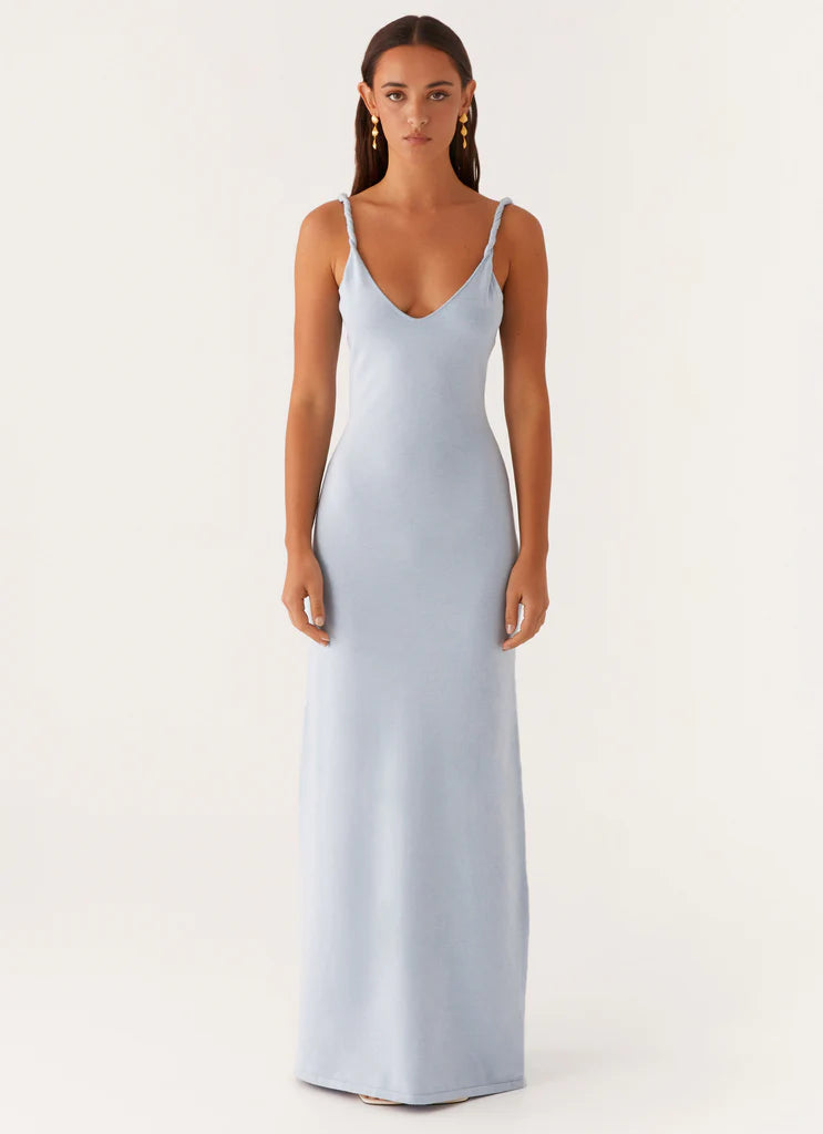 Sky Blue Ribbed Twisted Strap Backless Maxi Dress For Elegant Casual Party Events