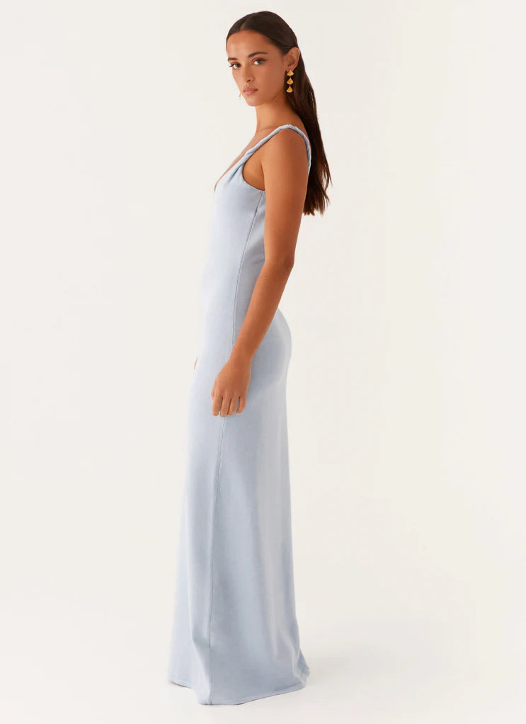 Sky Blue Ribbed Twisted Strap Backless Maxi Dress For Elegant Casual Party Events
