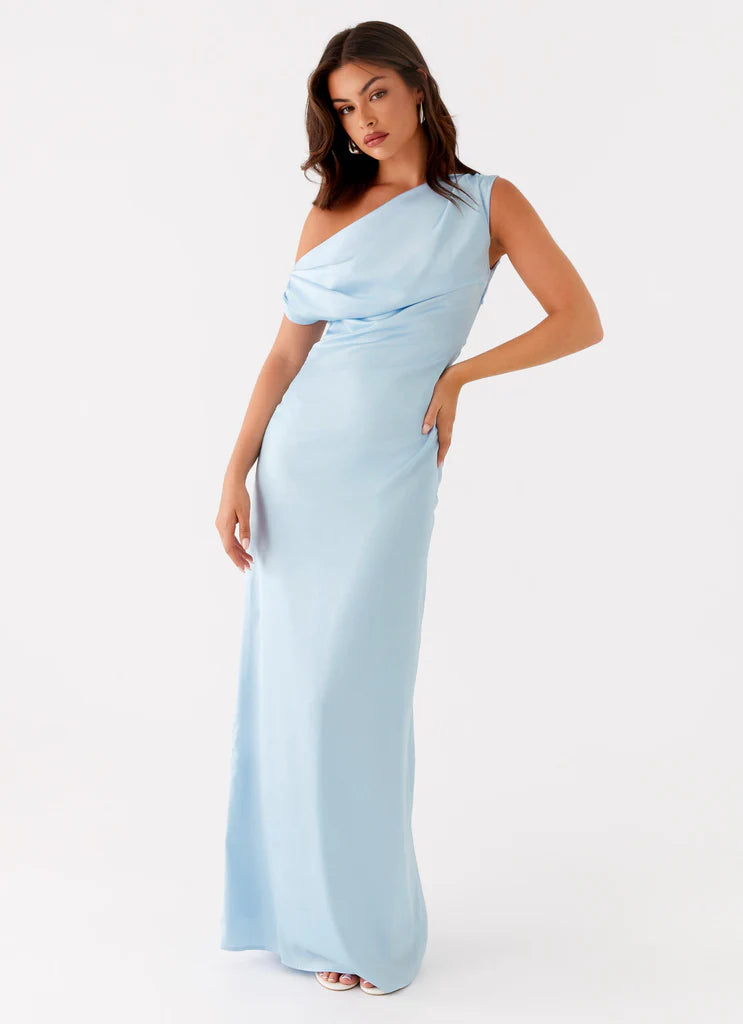 Sky Blue Satin One Shoulder Draped Maxi Dress For Elegant Formal Party Events