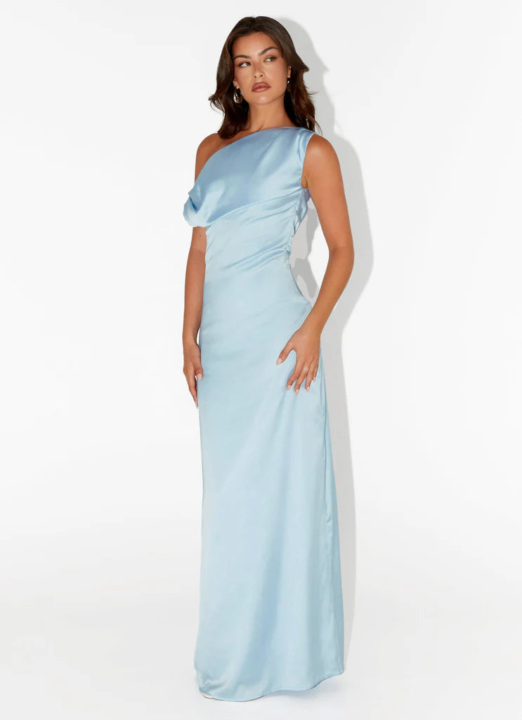 Sky Blue Satin One Shoulder Draped Maxi Dress For Elegant Formal Party Events