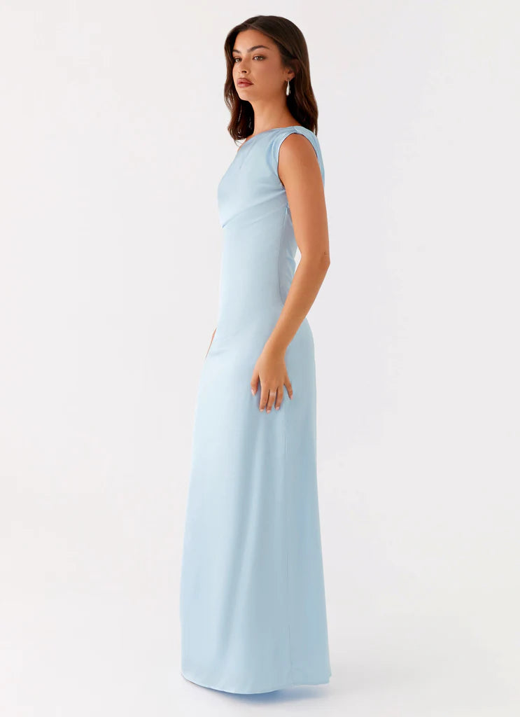 Sky Blue Satin One Shoulder Draped Maxi Dress For Elegant Formal Party Events