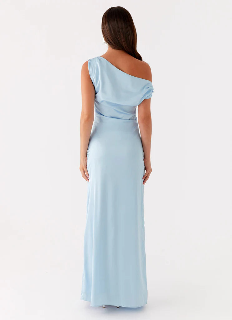 Sky Blue Satin One Shoulder Draped Maxi Dress For Elegant Formal Party Events