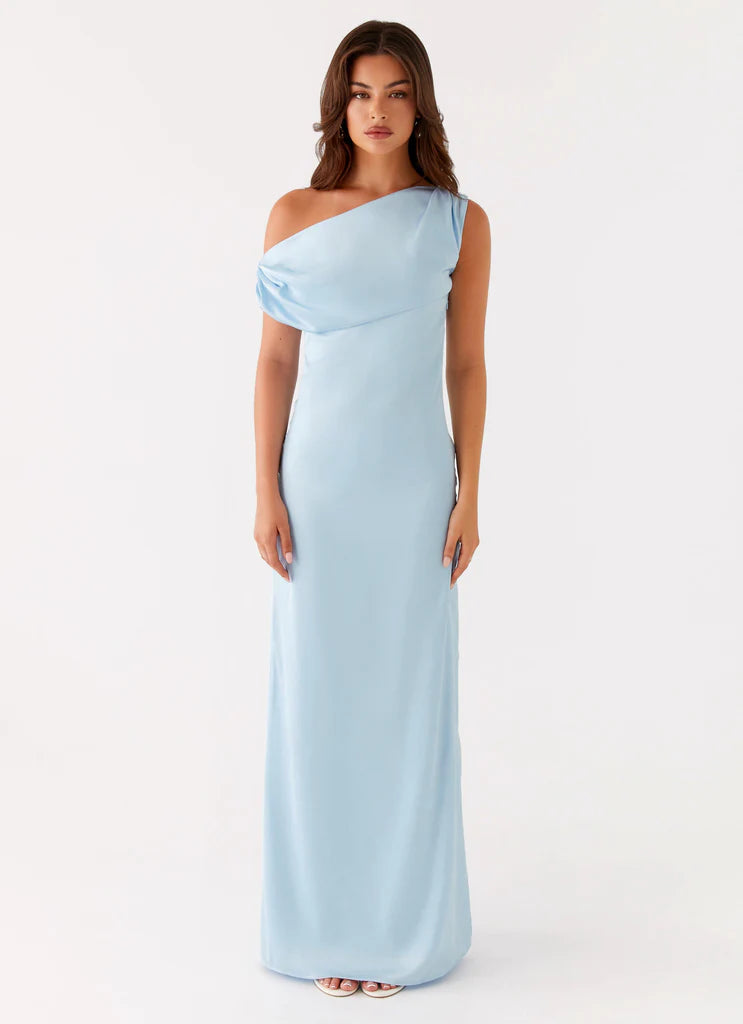 Sky Blue Satin One Shoulder Draped Maxi Dress For Elegant Formal Party Events
