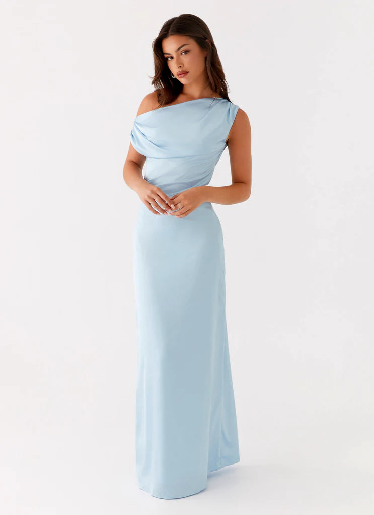 Sky Blue Satin One Shoulder Draped Maxi Dress For Elegant Formal Party Events