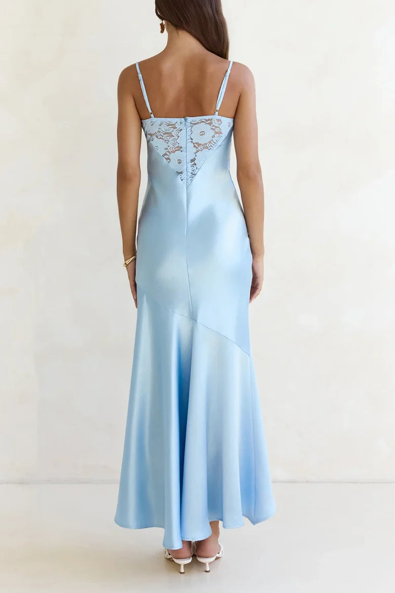 Sky Blue Spaghetti Strap Satin Midi Dress with Lace Corset Detail