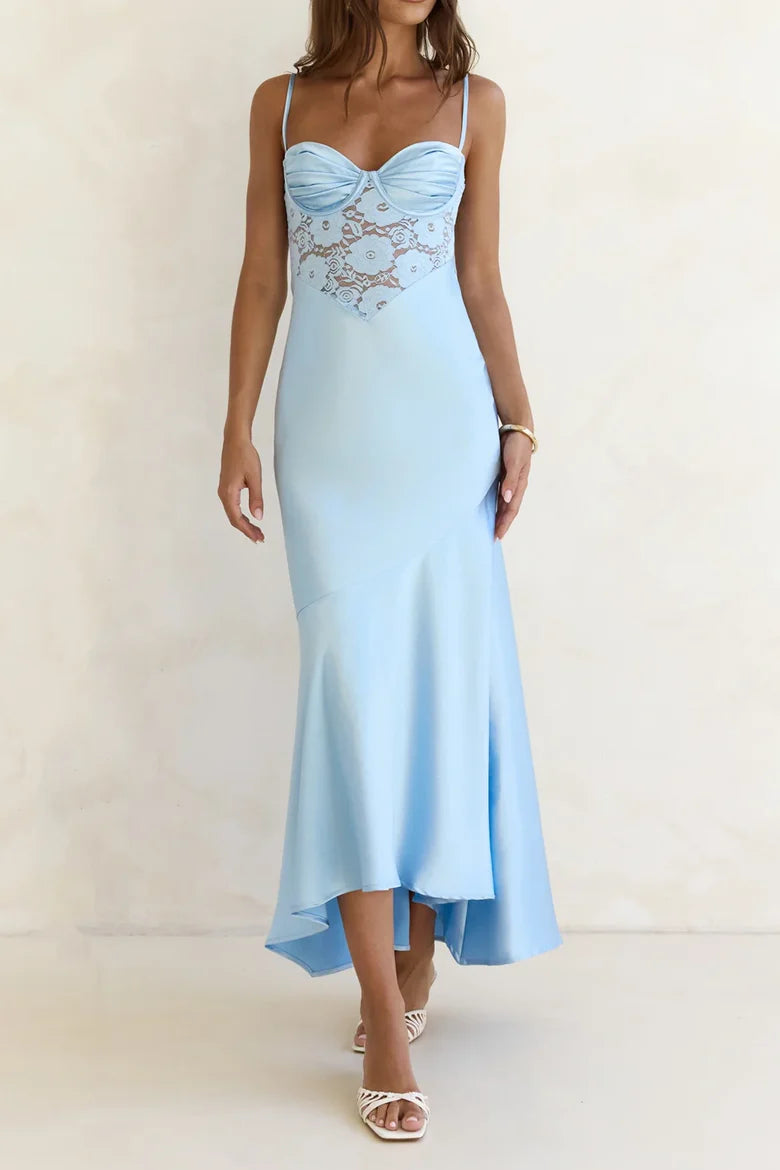 Sky Blue Spaghetti Strap Satin Midi Dress with Lace Corset Detail