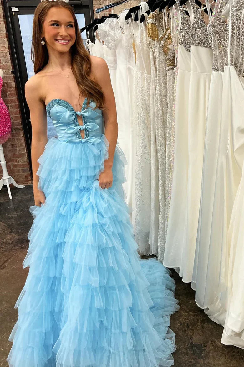 Sky Blue Strapless Bow Beaded Tiered Tulle Prom Dress with Train