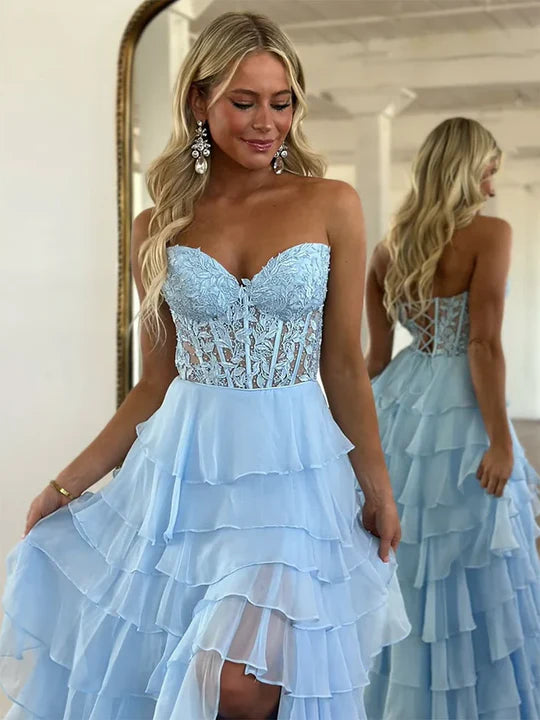 Sky Blue Sweetheart Lace Corset Tiered Ruffle Prom Dress with High Slit