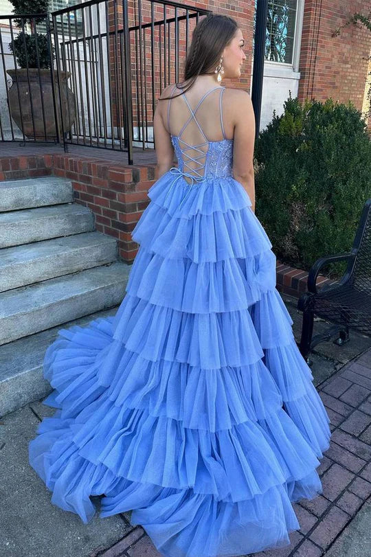Sky Blue Tiered Tulle Maxi Dress with Beaded Corset Bodice & Lace-Up Back